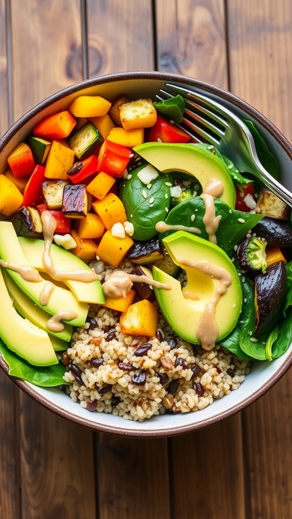 A colorful vegan Buddha bowl with quinoa, roasted veggies, avocado, and tahini dressing on a wooden table.